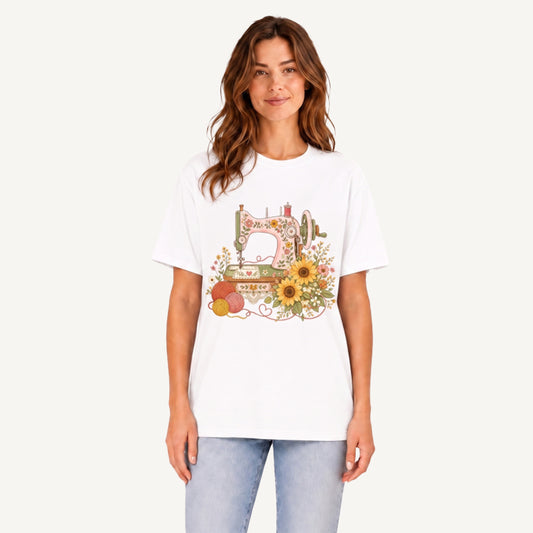 Vintage Floral Sewing Nook Print Crew Neck Cotton Tee