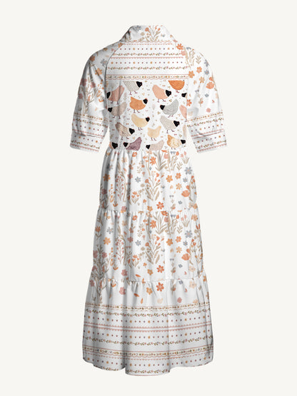 V Neck Collared Warm Garden Little Chick Print Casual Midi Dress With Pockets