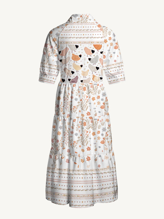 V Neck Collared Warm Garden Little Chick Print Casual Midi Dress With Pockets