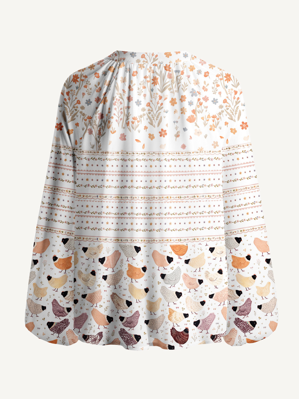 Warm Garden Little Chick Print Boho Long Sleeve Tie‑Neck Blouse
