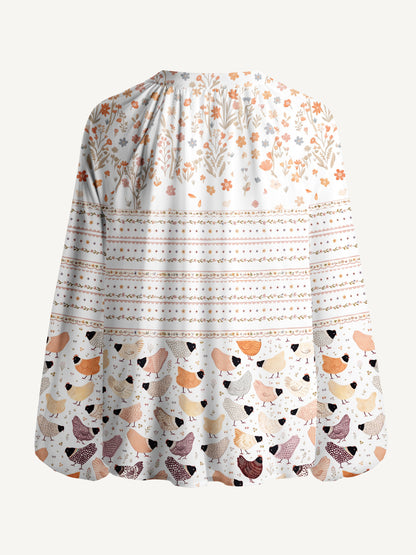 Warm Garden Little Chick Print Boho Long Sleeve Tie‑Neck Blouse
