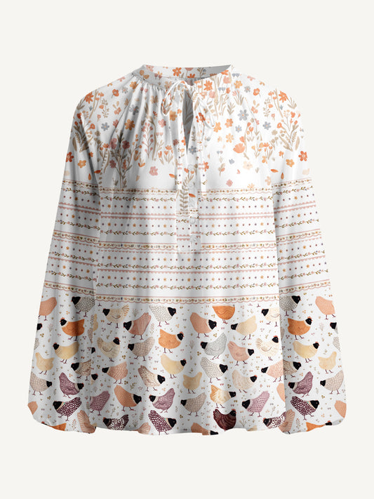 Warm Garden Little Chick Print Boho Long Sleeve Tie‑Neck Blouse