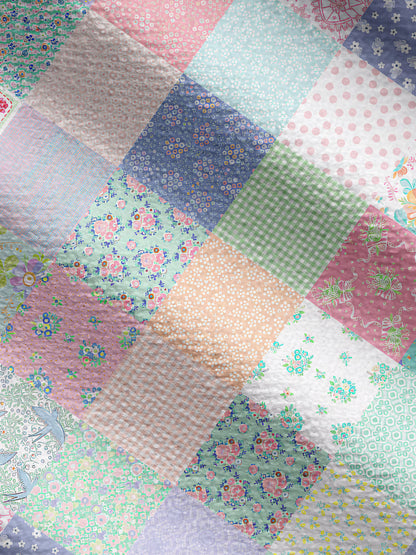 Lightweight Crew Neck Long‑Sleeve Cropped Vintage Quilt Patchwork Print Fine‑Knit Cardigan