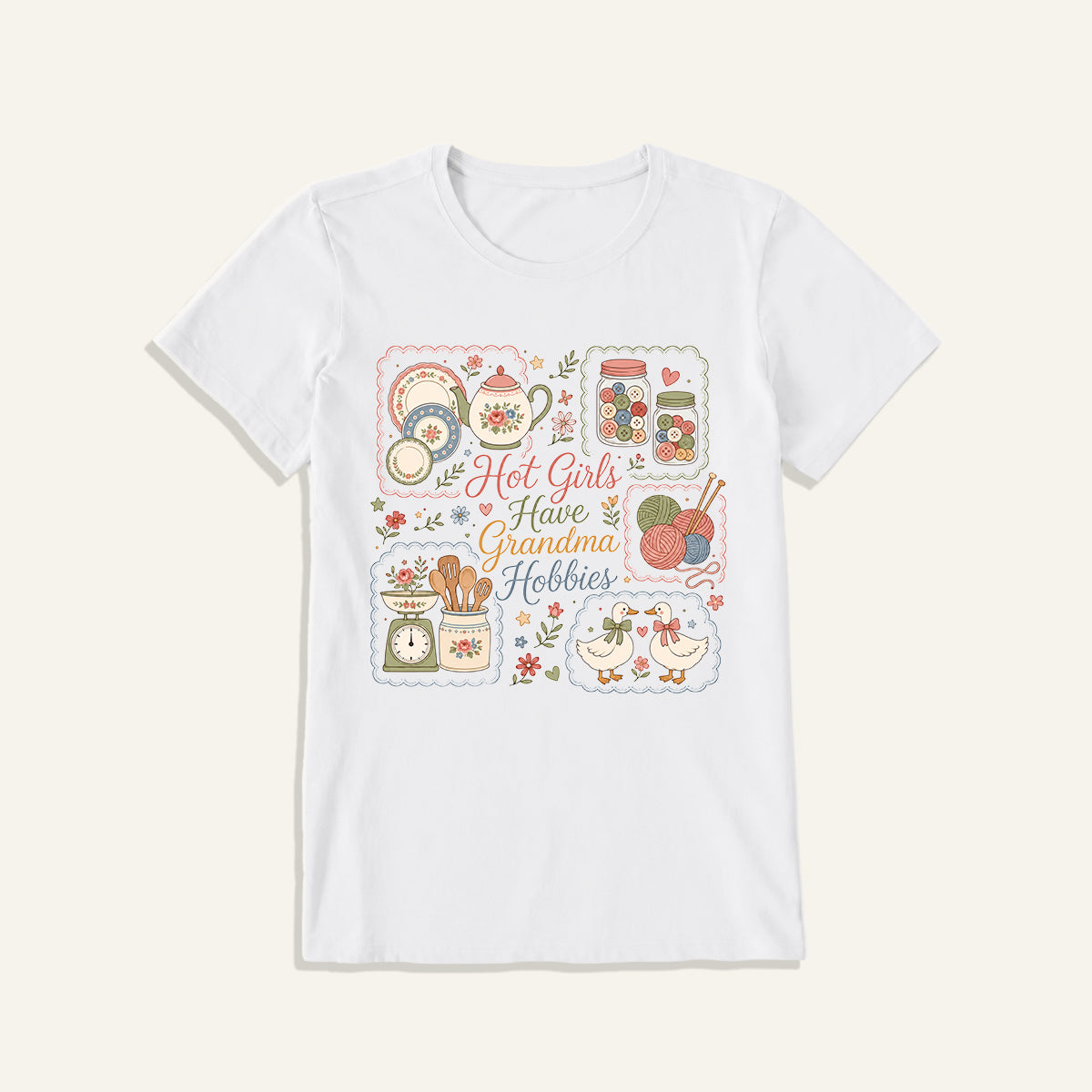 Grandma Hobbies Craft Cottage Print Crew Neck Cotton Tee