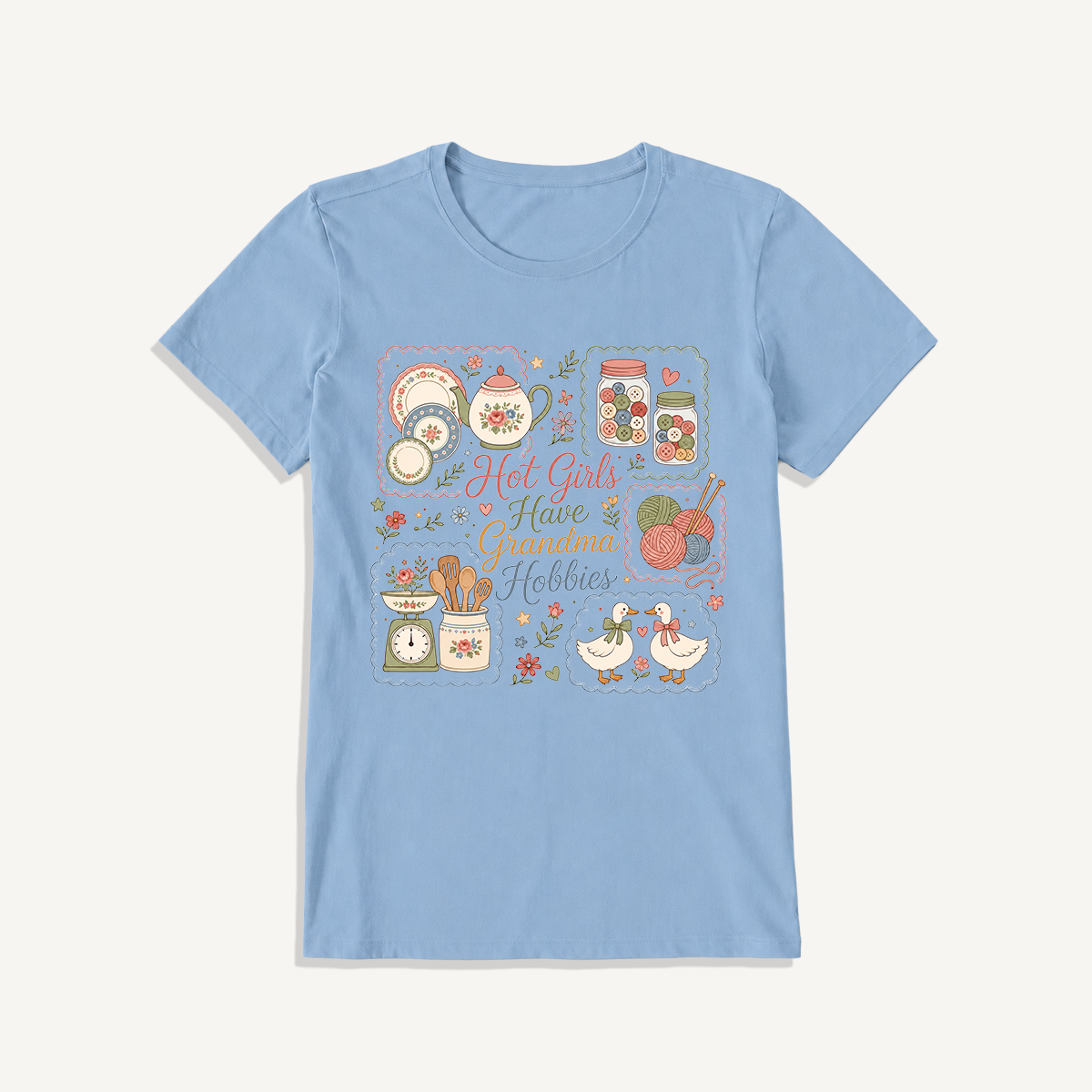 Grandma Hobbies Craft Cottage Print Crew Neck Cotton Tee