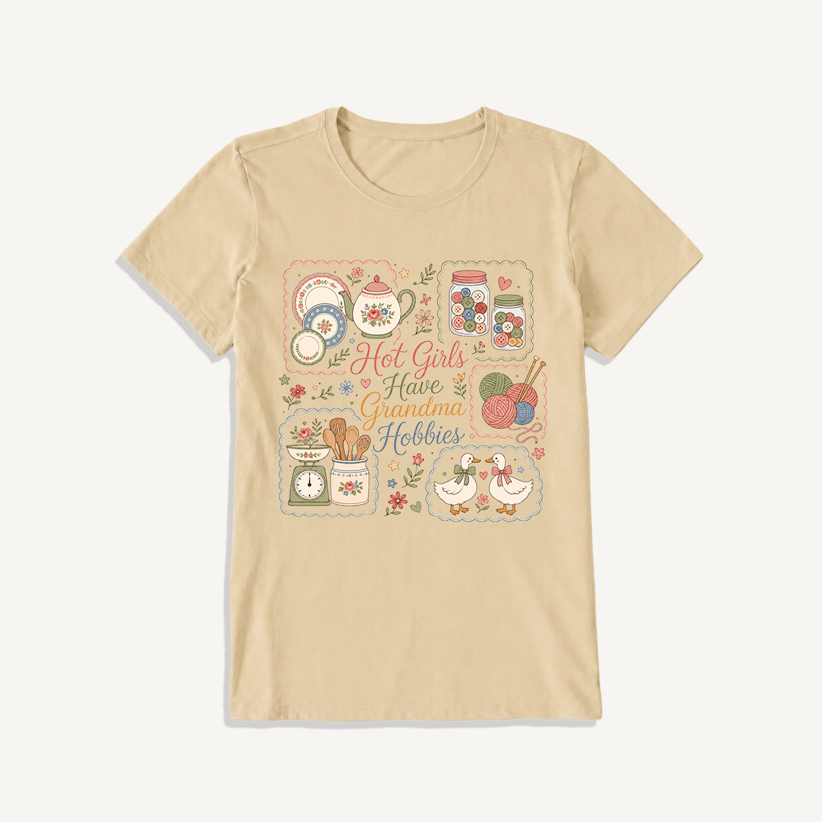 Grandma Hobbies Craft Cottage Print Crew Neck Cotton Tee