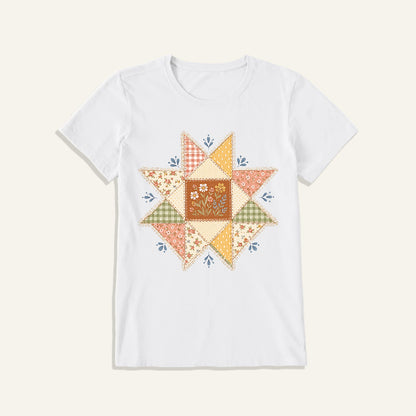 Vintage Quilt Star Meadow Print Crew Neck Cotton Tee