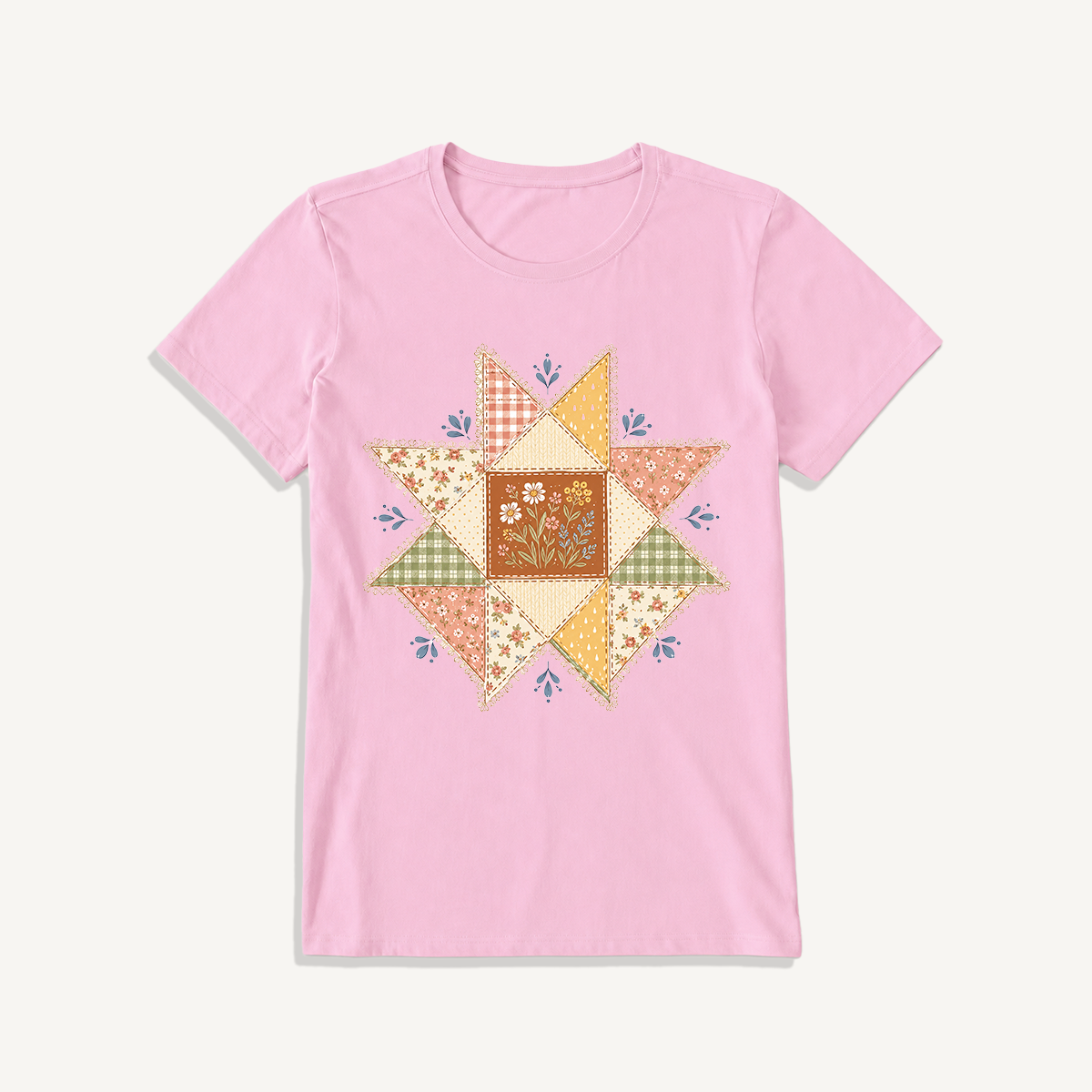 Vintage Quilt Star Meadow Print Crew Neck Cotton Tee
