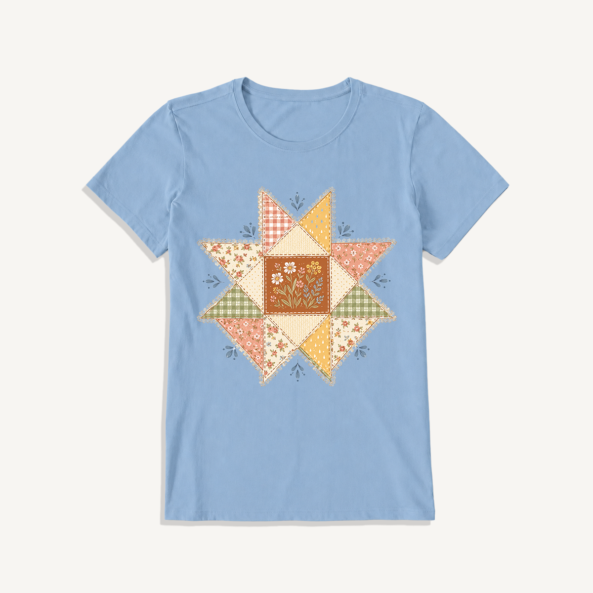 Vintage Quilt Star Meadow Print Crew Neck Cotton Tee