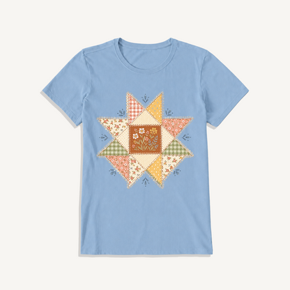 Vintage Quilt Star Meadow Print Crew Neck Cotton Tee