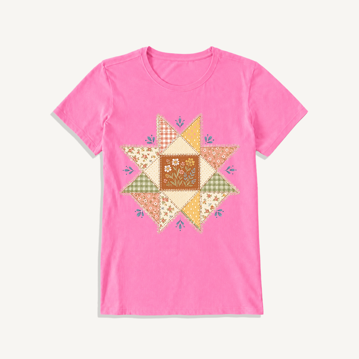 Vintage Quilt Star Meadow Print Crew Neck Cotton Tee