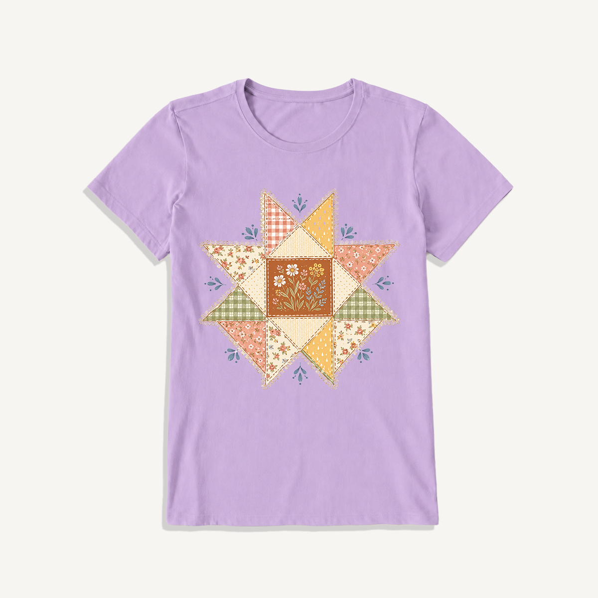 Vintage Quilt Star Meadow Print Crew Neck Cotton Tee