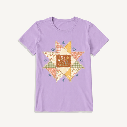 Vintage Quilt Star Meadow Print Crew Neck Cotton Tee