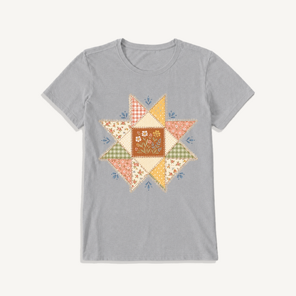 Vintage Quilt Star Meadow Print Crew Neck Cotton Tee