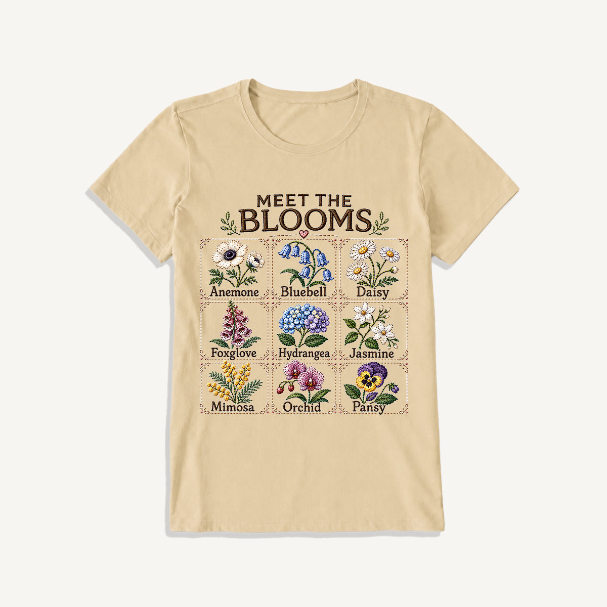 Meet the Blooms Embroidery Chart Print Crew Neck Cotton Tee