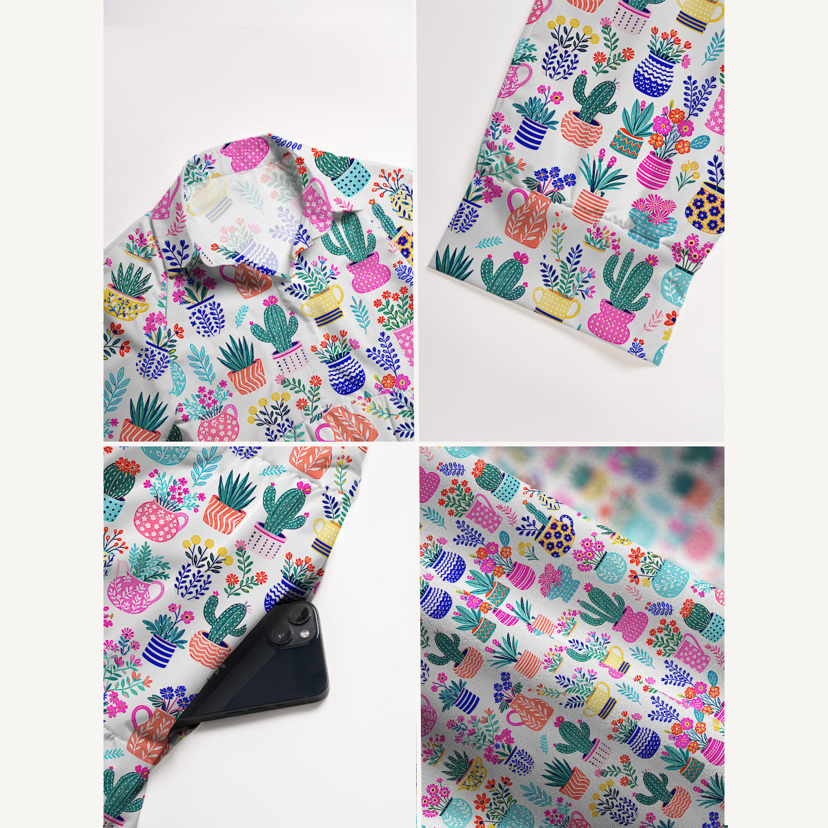 V Neck Collared Cactus and Flowers Casual Midi Dress With Pockets