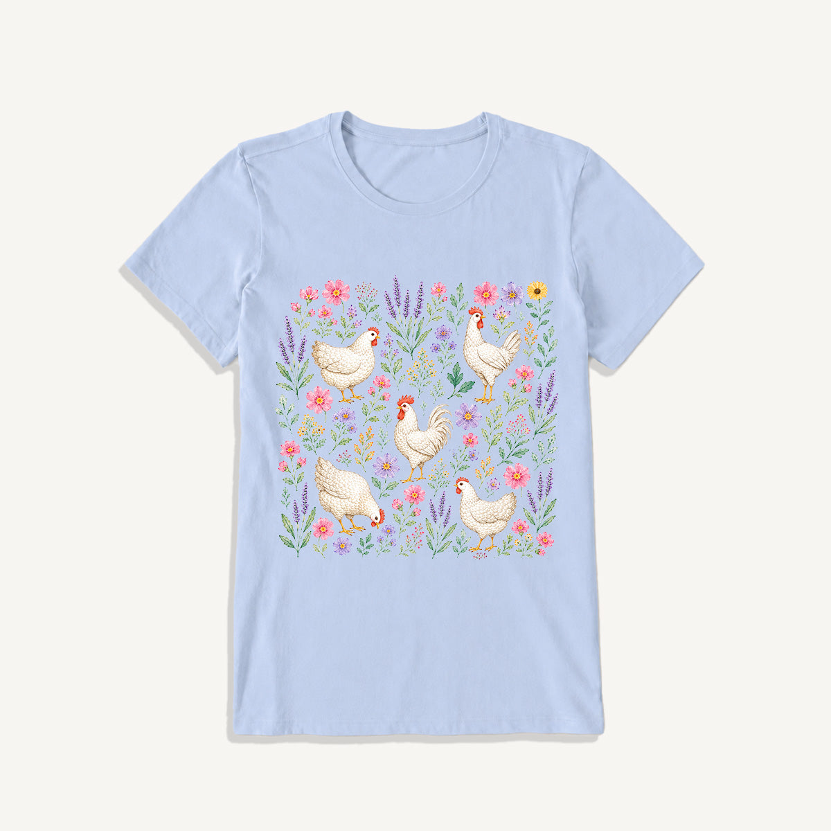 Blooming White Chicken Meadow Print Crew Neck Cotton Tee