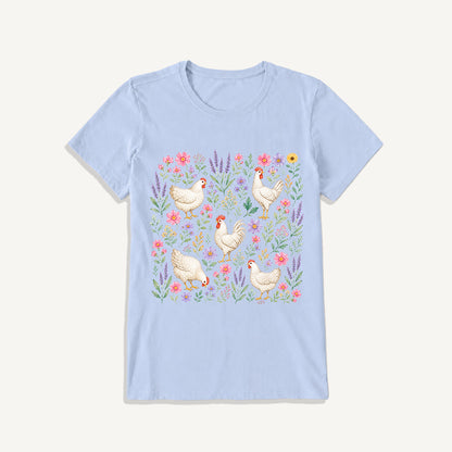 Blooming White Chicken Meadow Print Crew Neck Cotton Tee