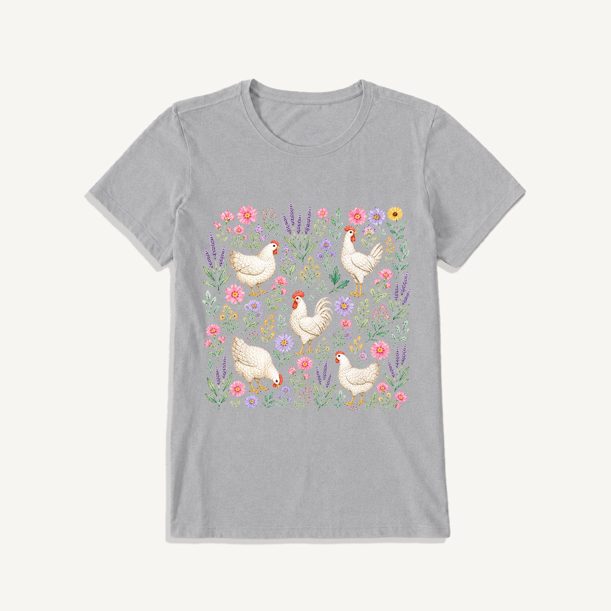 Blooming White Chicken Meadow Print Crew Neck Cotton Tee