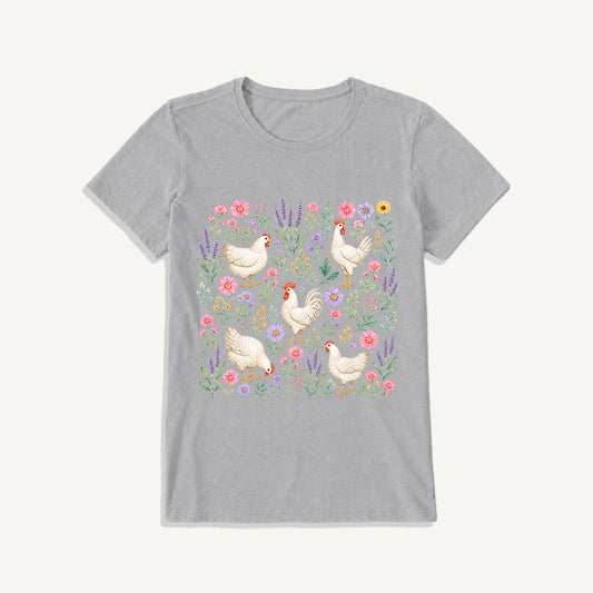 Blooming White Chicken Meadow Print Crew Neck Cotton Tee