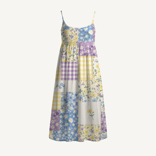 Floral Meadow Patchwork Spaghetti Strap Mini Dress
