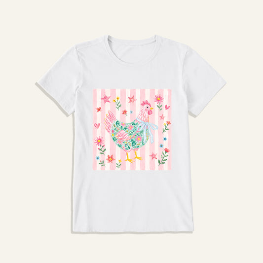 Cozy Floral Hen Nook Print Crew Neck Cotton Tee