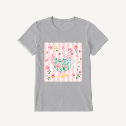 Cozy Floral Hen Nook Print Crew Neck Cotton Tee