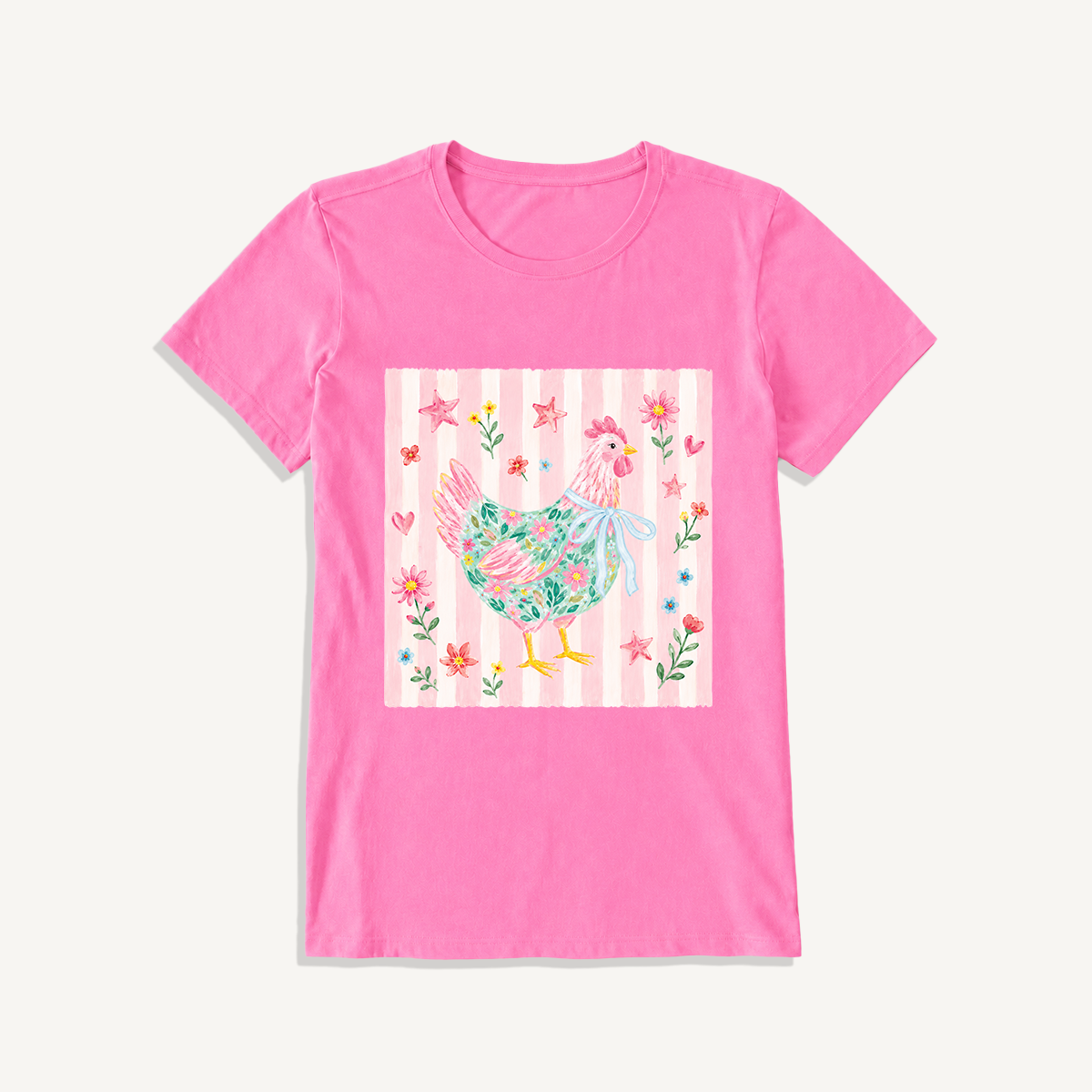 Cozy Floral Hen Nook Print Crew Neck Cotton Tee