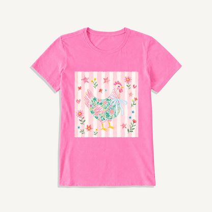 Cozy Floral Hen Nook Print Crew Neck Cotton Tee