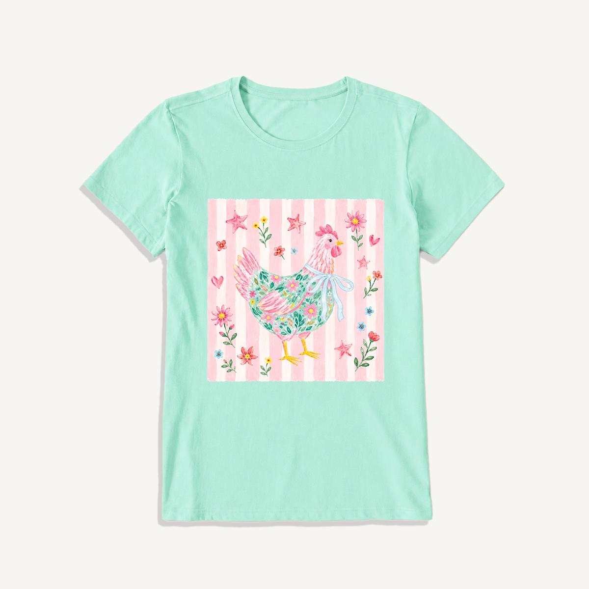 Cozy Floral Hen Nook Print Crew Neck Cotton Tee