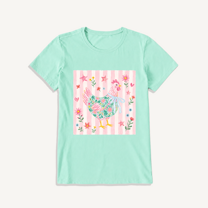 Cozy Floral Hen Nook Print Crew Neck Cotton Tee