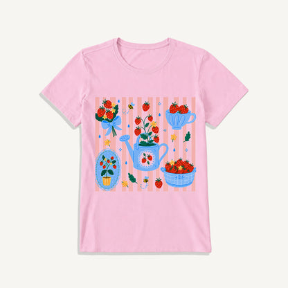 Strawberry Garden Harvest Print Crew Neck Cotton Tee