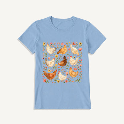Country Chicken Wildflower Garden Print Crew Neck Cotton Tee