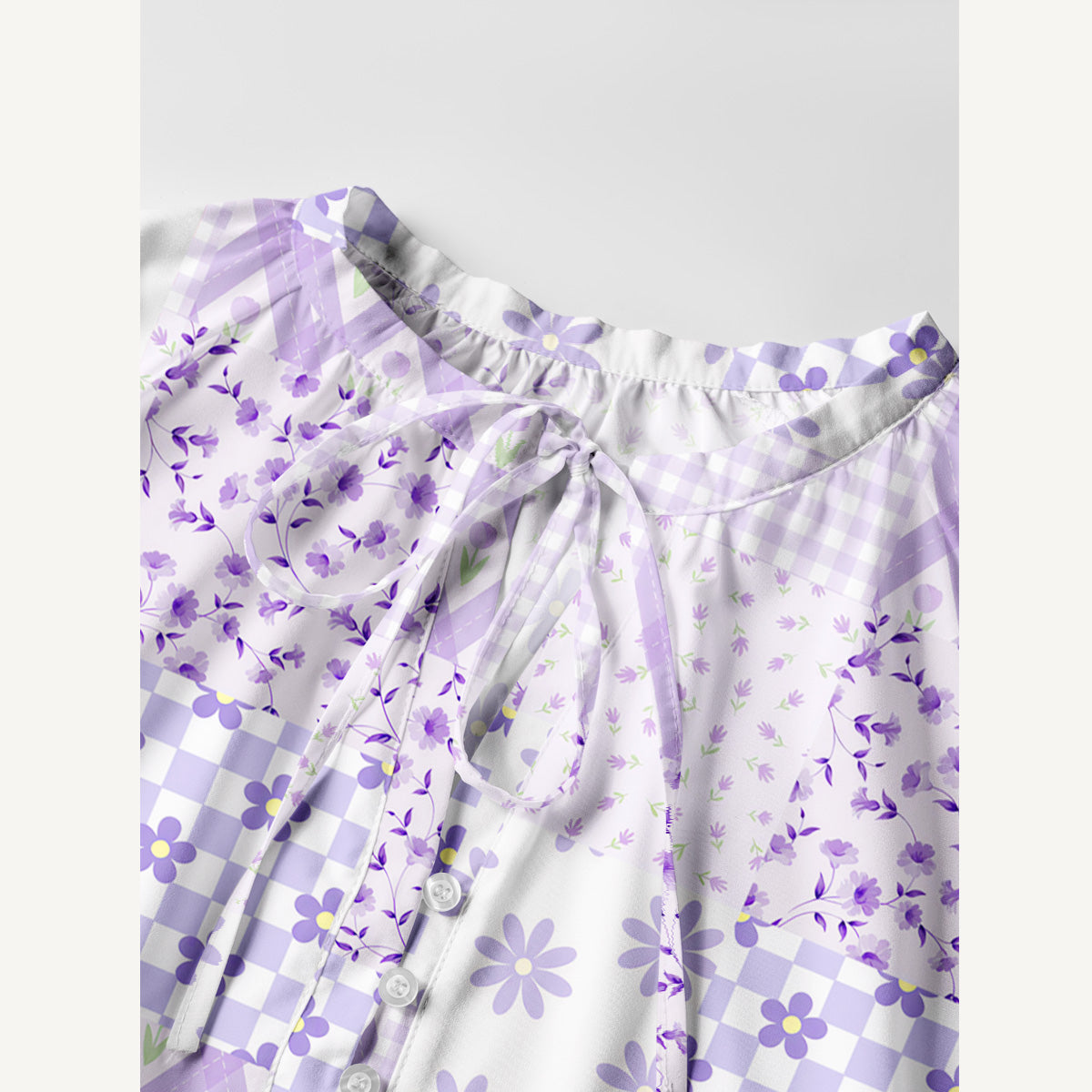 Lavender Daisy & Gingham Print Boho Tie‑Neck Smock Mini Dress