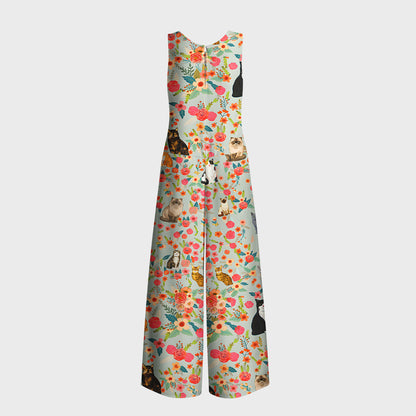 Flower Cat Print Boho Jumpsuit with Pockets for Women