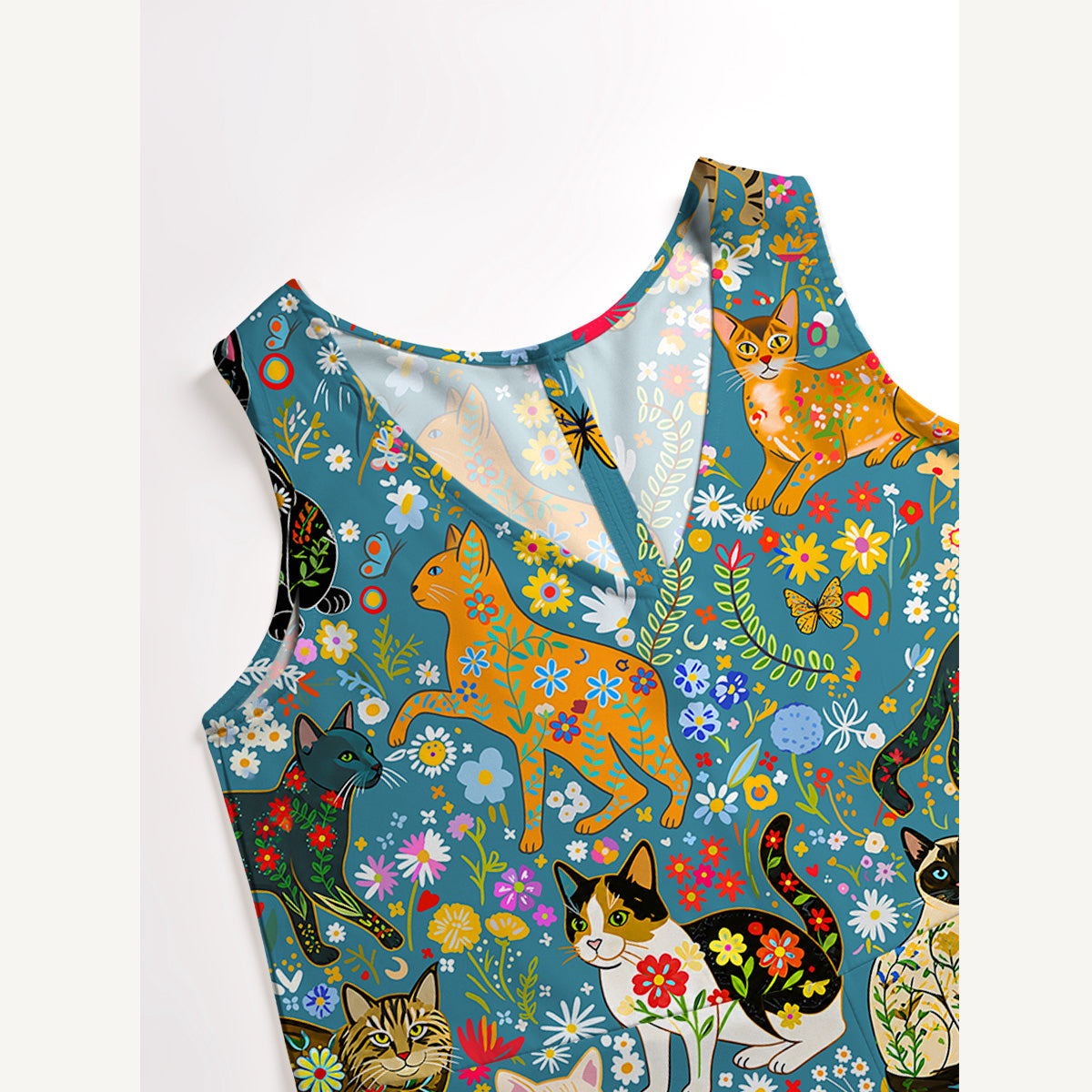 Colorful Garden Cat Pattern Boho Jumpsuit with Pockets for Women