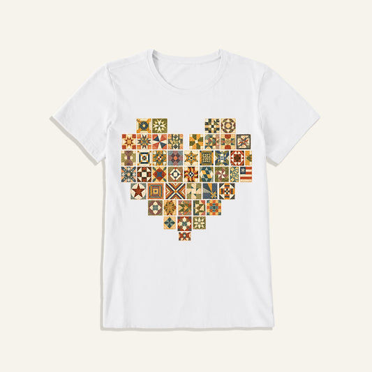 Vintage Quilt Block Heart Print Crew Neck Cotton Tee