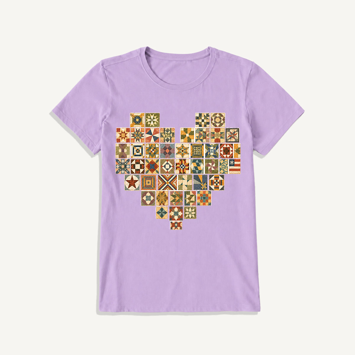 Vintage Quilt Block Heart Print Crew Neck Cotton Tee