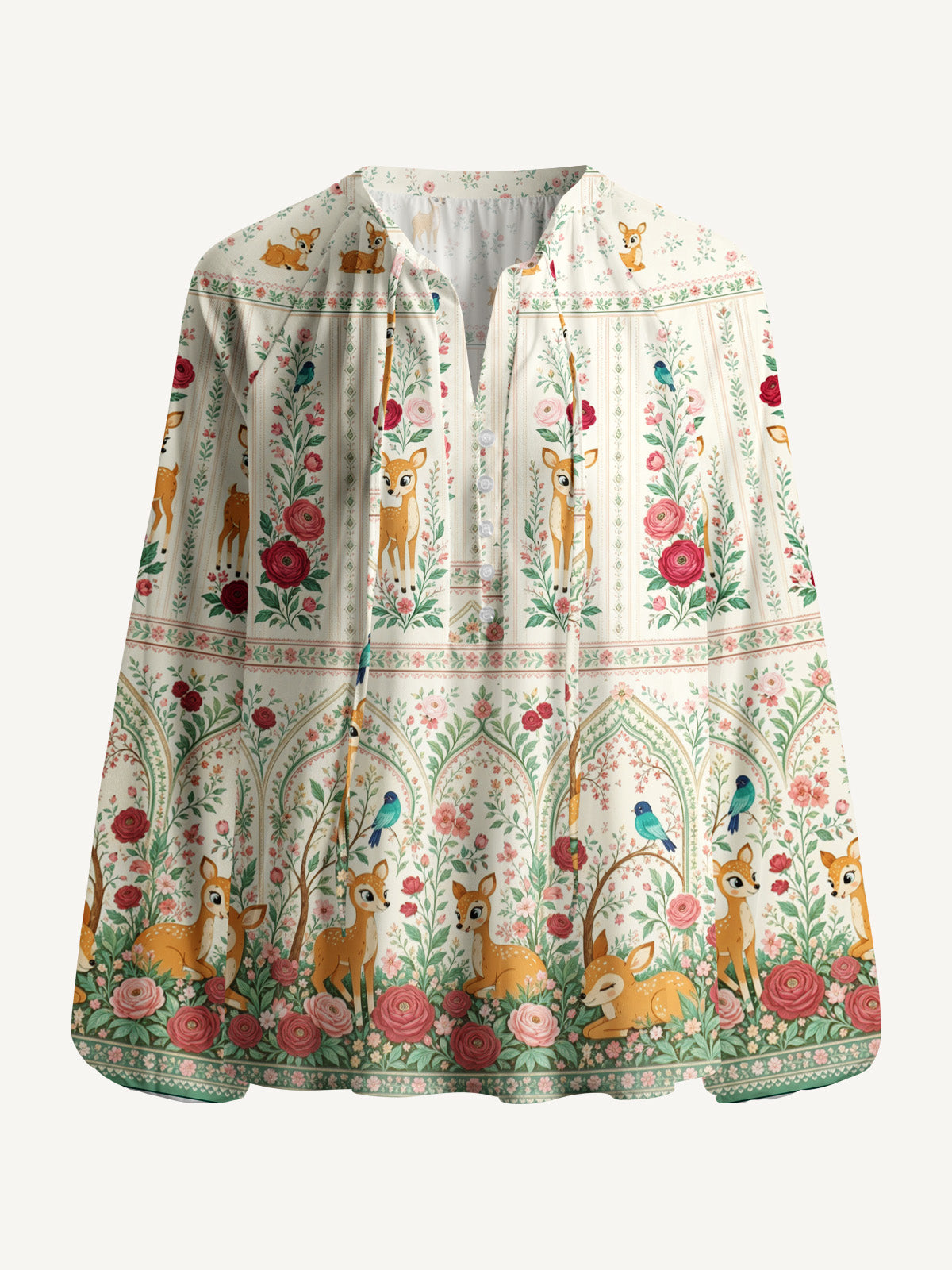 Cream Garden Fawn Forest Print Boho Long Sleeve Tie‑Neck Blouse