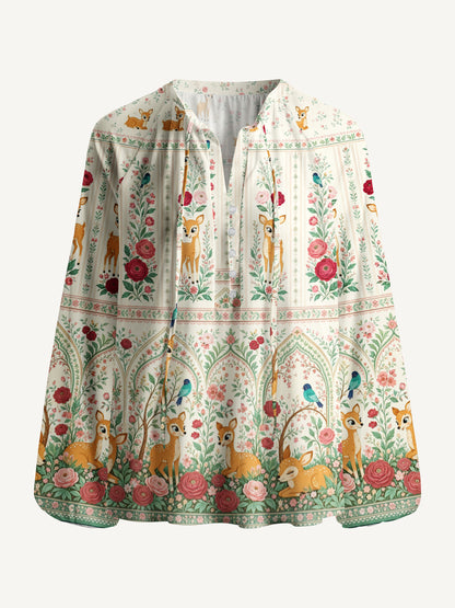 Cream Garden Fawn Forest Print Boho Long Sleeve Tie‑Neck Blouse