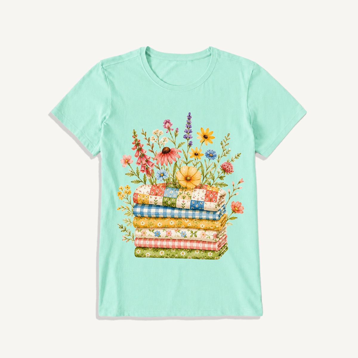 Cozy Floral Quilt Stack Print Crew Neck Cotton Tee