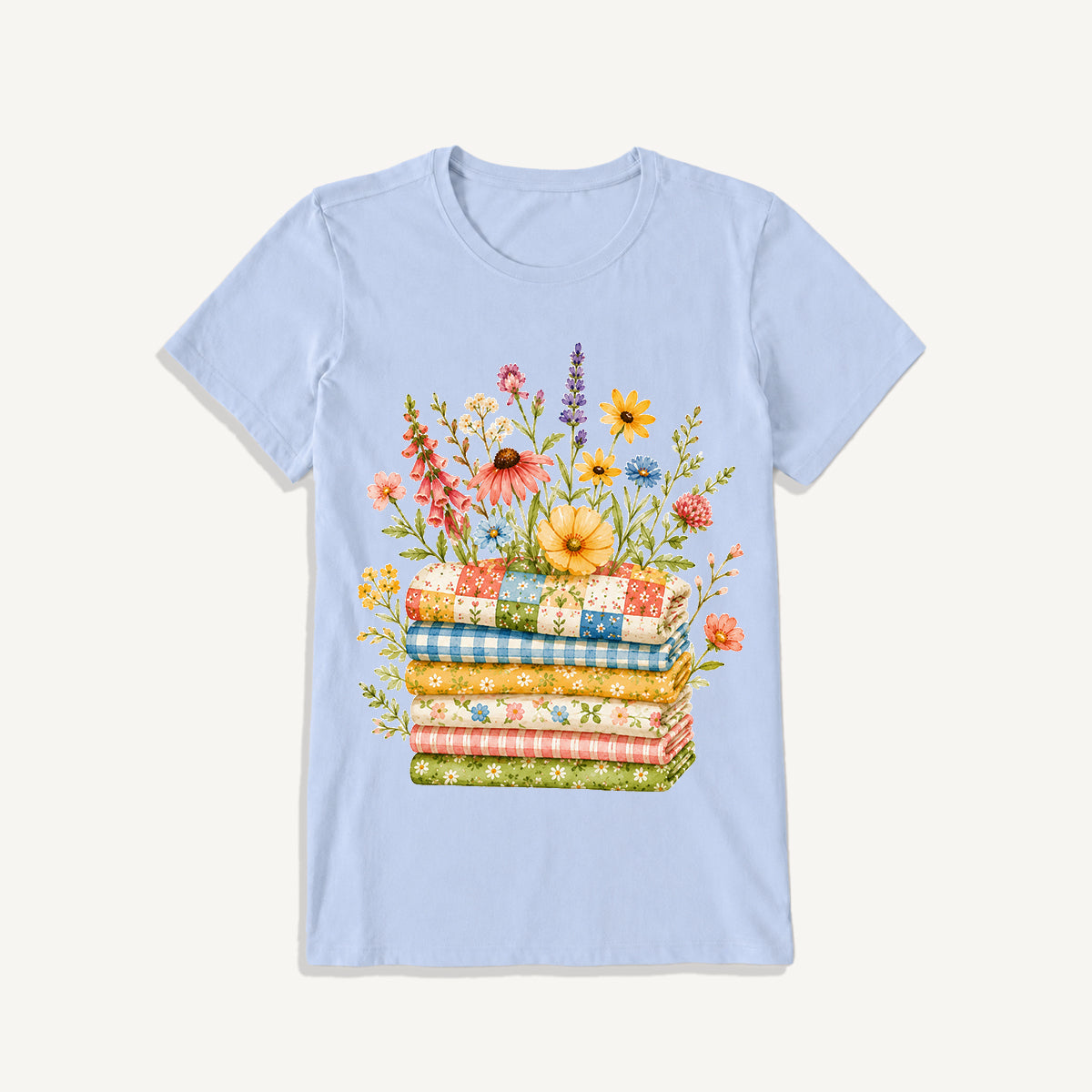 Cozy Floral Quilt Stack Print Crew Neck Cotton Tee