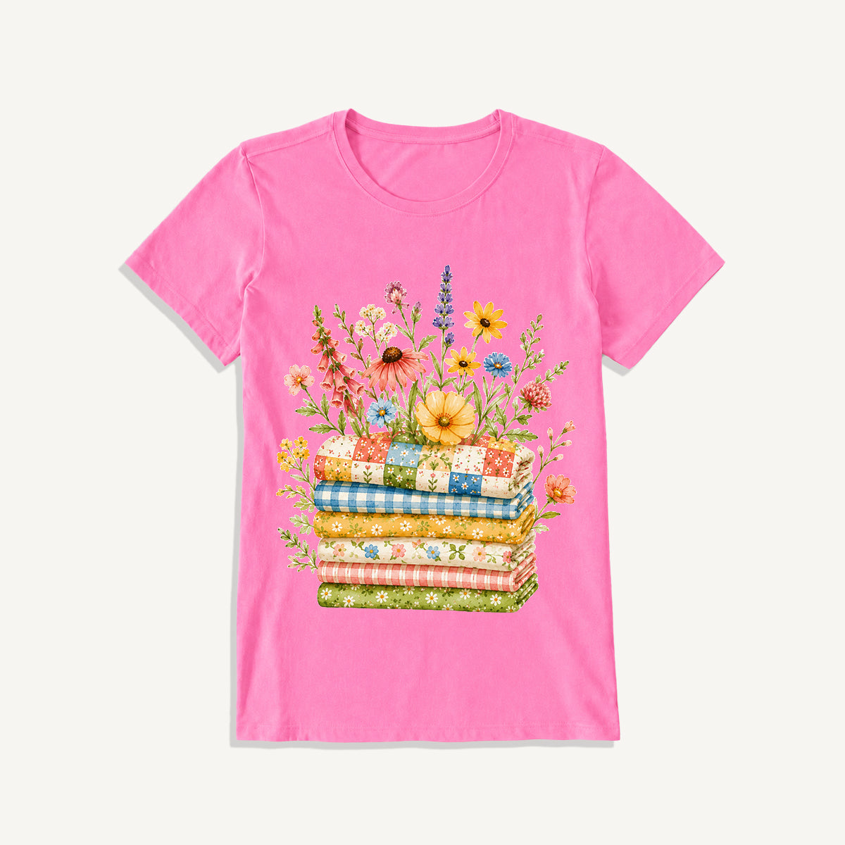 Cozy Floral Quilt Stack Print Crew Neck Cotton Tee