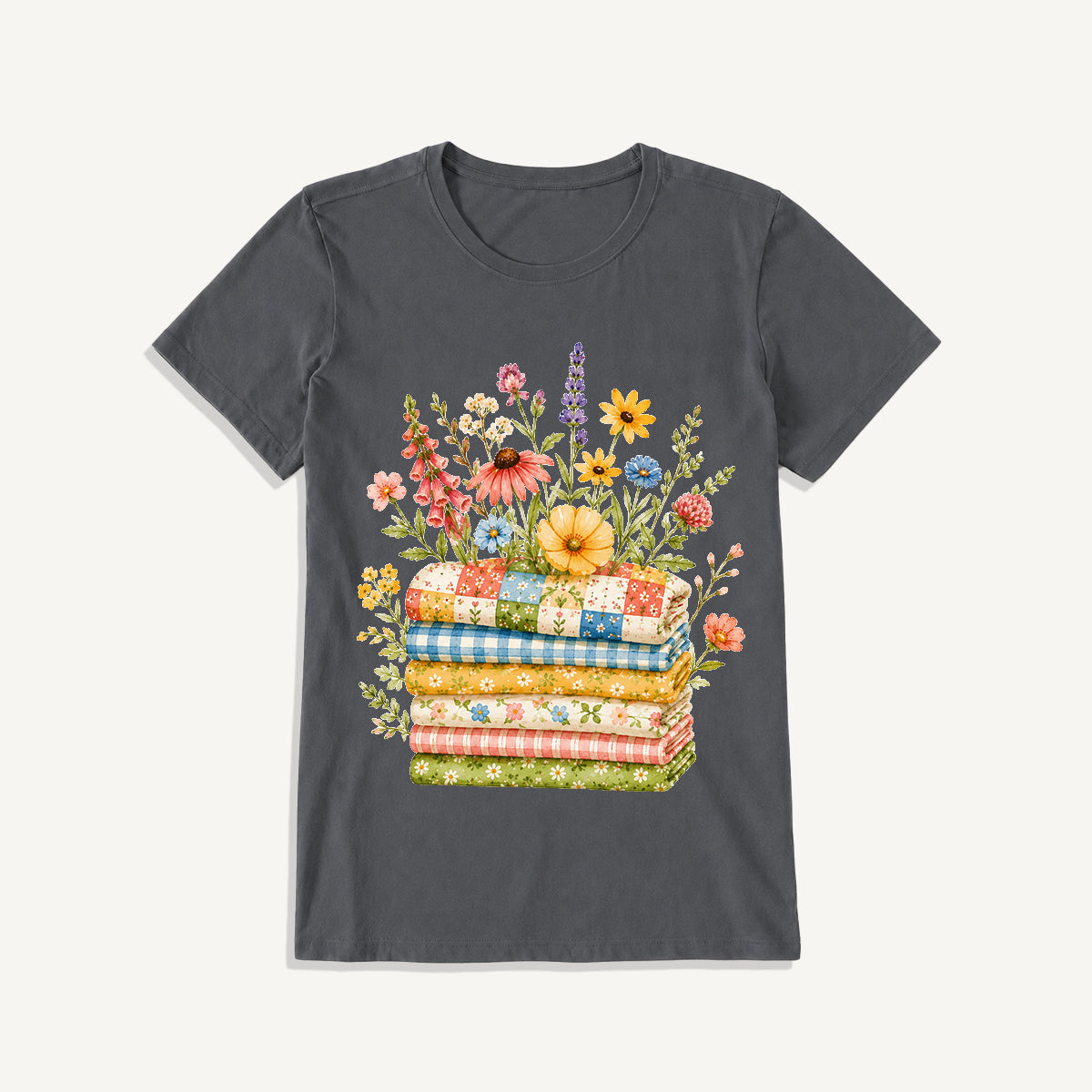 Cozy Floral Quilt Stack Print Crew Neck Cotton Tee