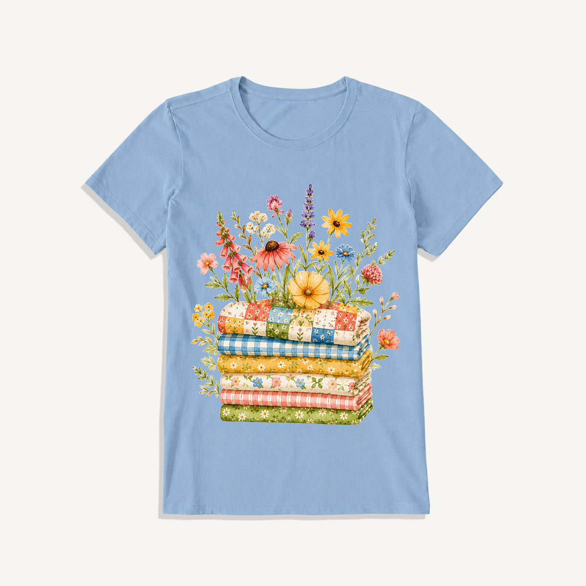 Cozy Floral Quilt Stack Print Crew Neck Cotton Tee