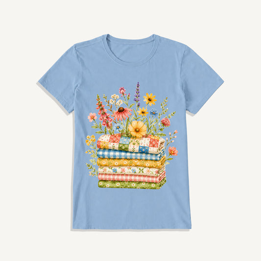 Cozy Floral Quilt Stack Print Crew Neck Cotton Tee