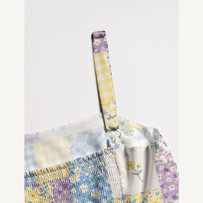 Square Neck Floral Meadow Patchwork Print Wide Straps Maxi Dress With Pockets