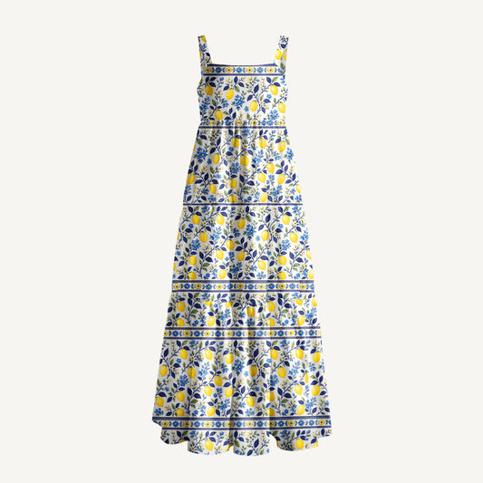 Lemon Floral Print Wide Straps Maxi Dress With Pockets