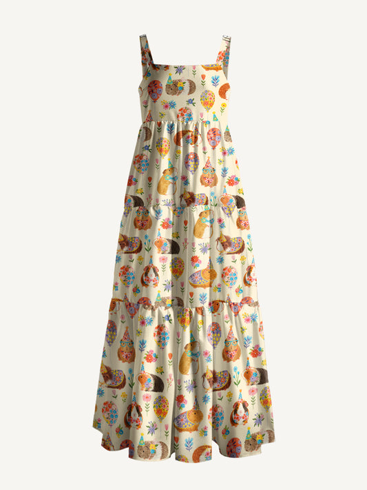 Guinea Pig Garden Party Print Wide Straps Maxi Dress With Pockets