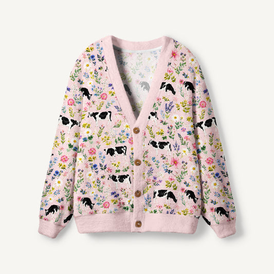 Holstein Cattle Cow Farm Animal Floral Pink Print Ugly Cardigan Sweaters